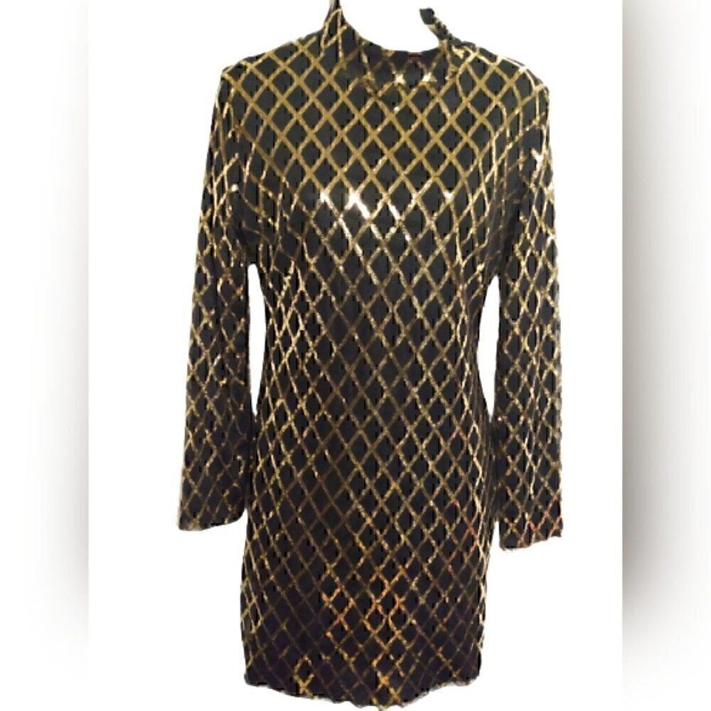 Black and Gold Mock Turtle Neck Bodycon Sequin Mesh Sheer Mini Dress L - Picture 3 of 11
